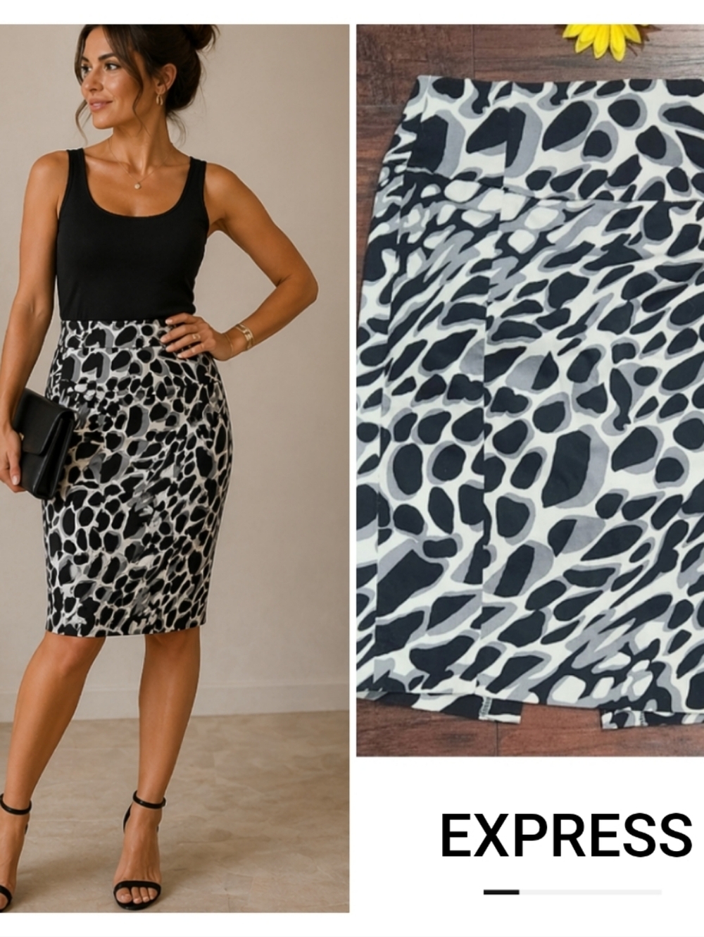 Express Design Studio Women's Black Gray Giraffe Animal Pencil Skirt Size 10